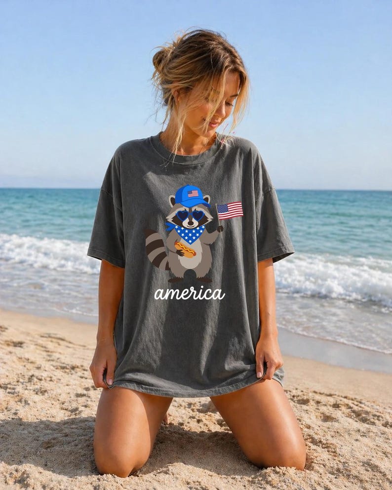 Patriotic Raccoon America Graphic Tee, Funny USA Hot Dog Shirt, 4th of July Outfit, Retro Patriotic Animal Gift image 4
