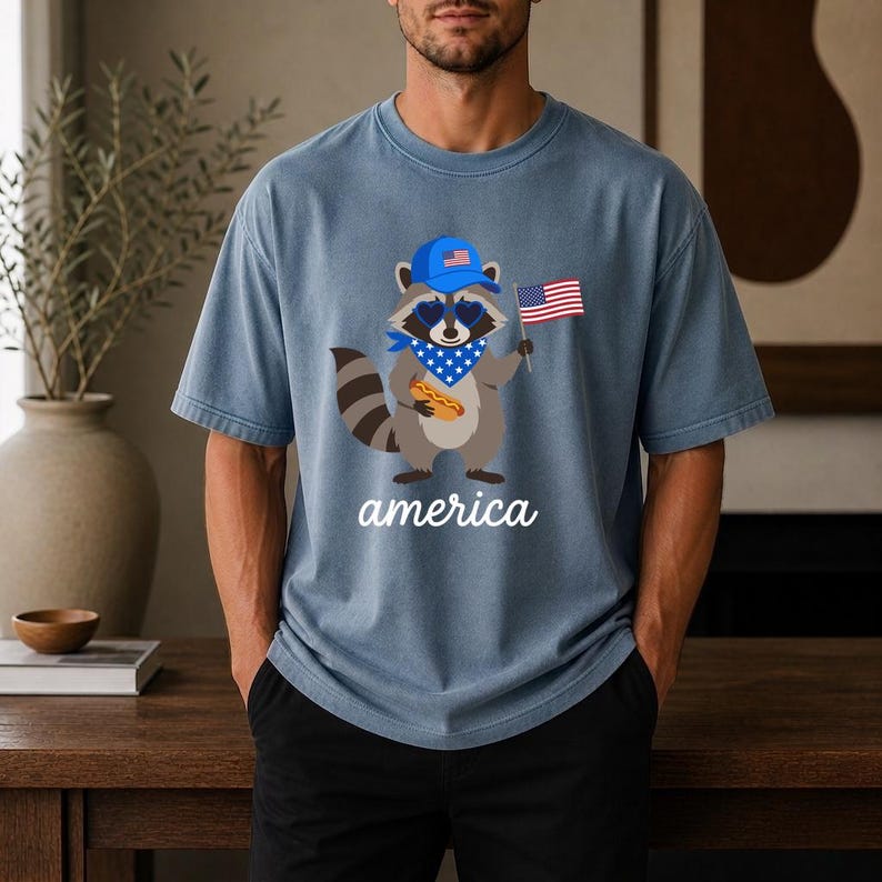 Patriotic Raccoon America Graphic Tee, Funny USA Hot Dog Shirt, 4th of July Outfit, Retro Patriotic Animal Gift image 11