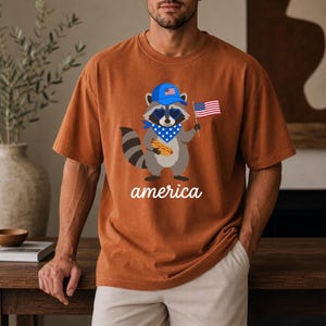 Patriotic Raccoon America Graphic Tee, Funny USA Hot Dog Shirt, 4th of July Outfit, Retro Patriotic Animal Gift image 9