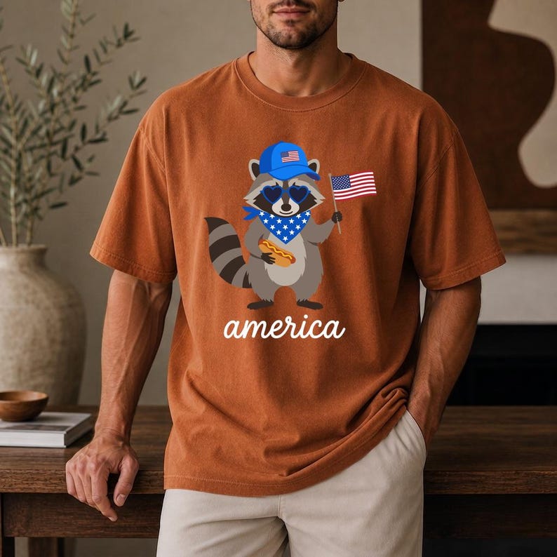 Patriotic Raccoon America Graphic Tee, Funny USA Hot Dog Shirt, 4th of July Outfit, Retro Patriotic Animal Gift image 9