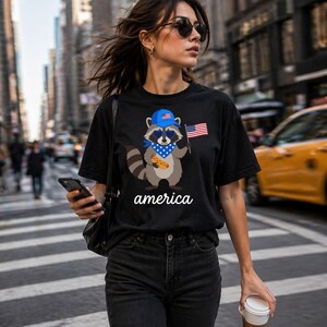 Patriotic Raccoon America Graphic Tee, Funny USA Hot Dog Shirt, 4th of July Outfit, Retro Patriotic Animal Gift image 8