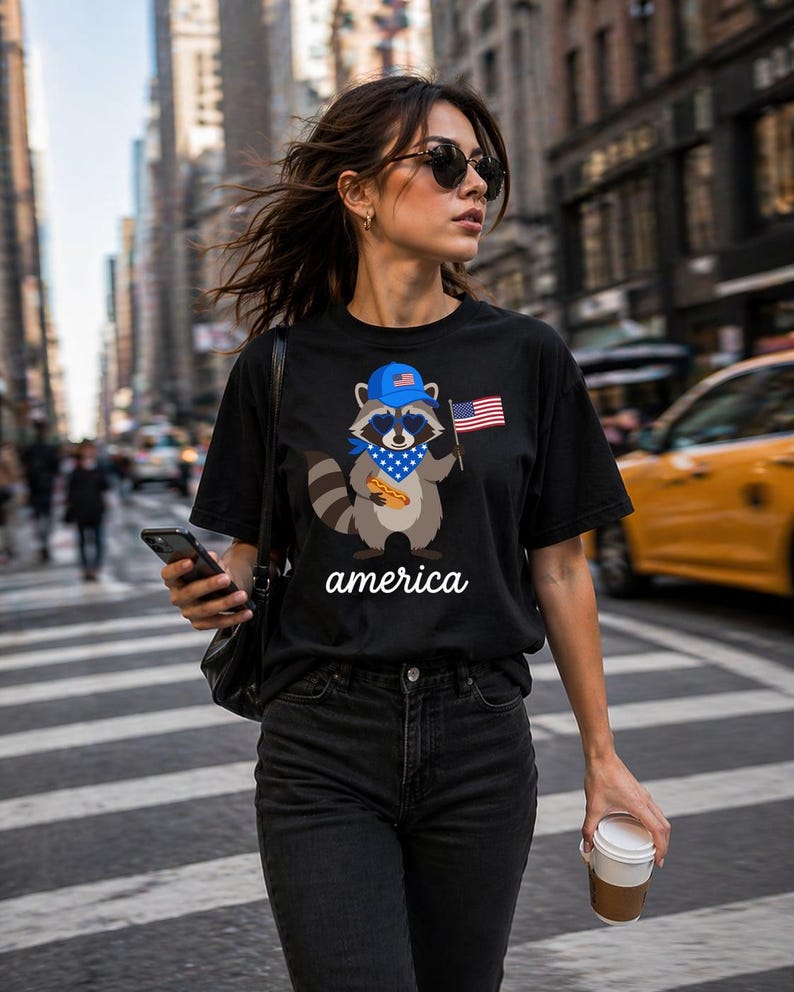 Patriotic Raccoon America Graphic Tee, Funny USA Hot Dog Shirt, 4th of July Outfit, Retro Patriotic Animal Gift image 8