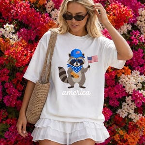 Patriotic Raccoon America Graphic Tee, Funny USA Hot Dog Shirt, 4th of July Outfit, Retro Patriotic Animal Gift image 3
