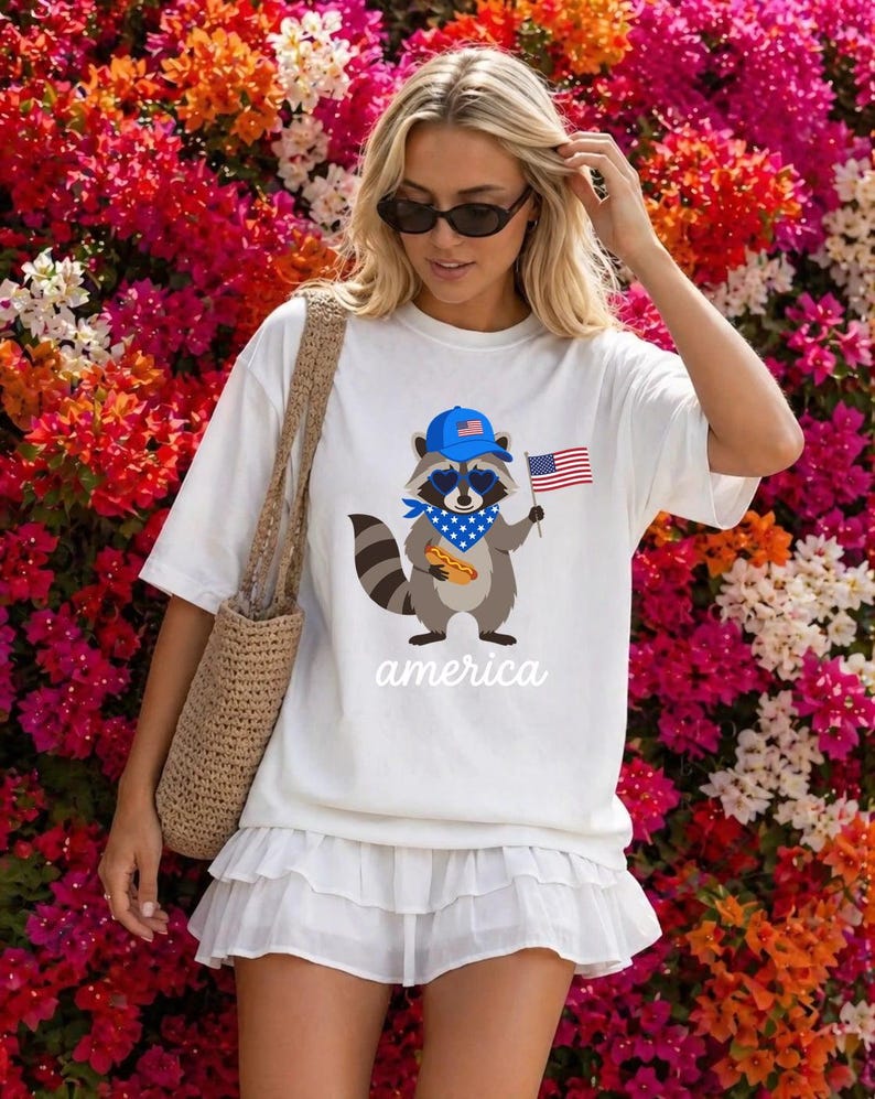 Patriotic Raccoon America Graphic Tee, Funny USA Hot Dog Shirt, 4th of July Outfit, Retro Patriotic Animal Gift image 3