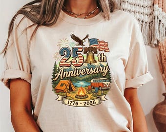 25th Anniversary Camping Shirt, Patriotic 1776-2026 Eagle Graphic Tee, USA Adventure Gift