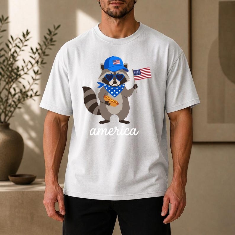 Patriotic Raccoon America Graphic Tee, Funny USA Hot Dog Shirt, 4th of July Outfit, Retro Patriotic Animal Gift image 10