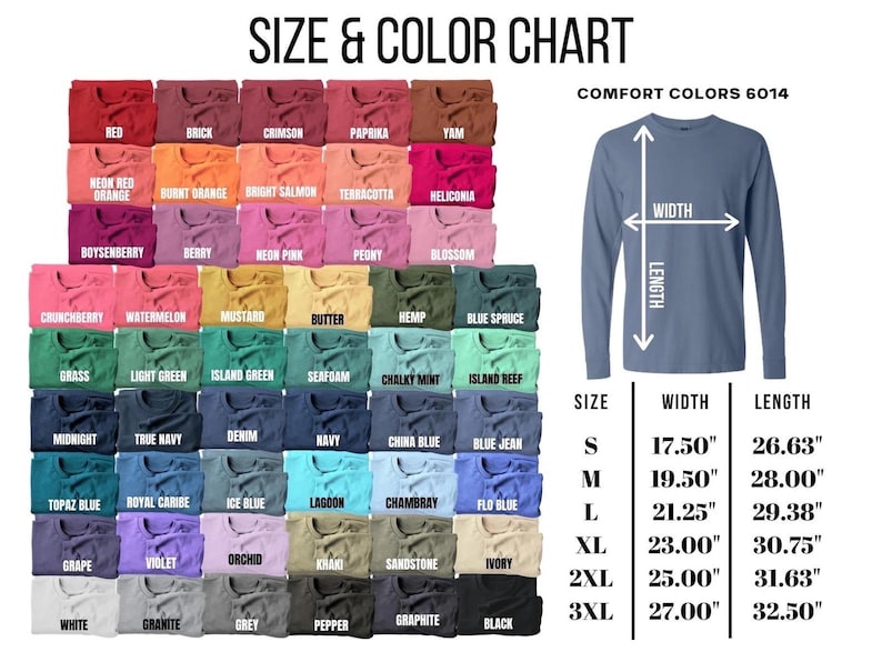 K&ouml;nnte beinhalten: Eine Farbkarte f&uuml;r Comfort Colors 6014 Langarmshirts, die zahlreiche gefaltete Shirts in verschiedenen Farbt&ouml;nen mit Bezeichnungen wie Red, Brick, Mustard und Black zeigt. Ein blaues Shirt zeigt Breiten- und L&auml;ngenma&szlig;e in Zoll.