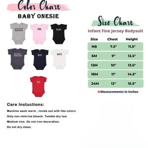 Puede incluir: Tabla de colores para bodies de beb&eacute; en varios colores, incluyendo rosa, negro y rojo. Tabla de tallas para bodies de punto fino para beb&eacute;s con medidas de pecho y altura en pulgadas. Instrucciones de cuidado incluidas.