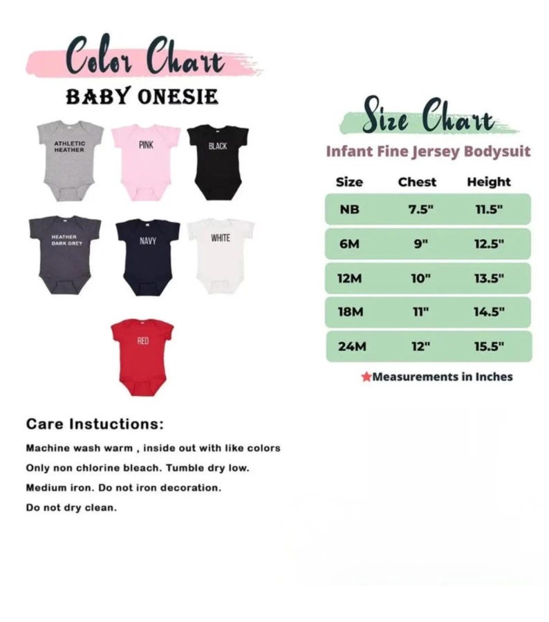 Puede incluir: Tabla de colores para bodies de beb&eacute; en varios colores, incluyendo rosa, negro y rojo. Tabla de tallas para bodies de punto fino para beb&eacute;s con medidas de pecho y altura en pulgadas. Instrucciones de cuidado incluidas.