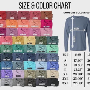 May include: A Comfort Colors 6014 long-sleeve t-shirt size and color chart. The image displays a grid of 50 fabric color swatches with labels, a blue long-sleeve shirt diagram with width and length arrows, and a table listing sizes S to 3XL in inches.