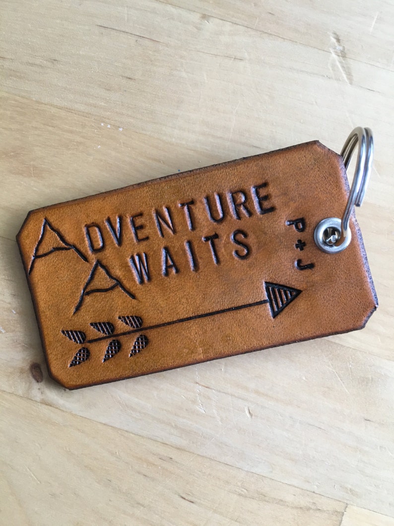 Leather Keychain Adventure Awaits Mountains Personalized | Etsy