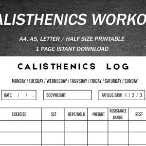 Calisthenics Workout Log | Bodyweight Skills Tracker | Street Workout Progress | Resistance Bands & Isometric Holds | A4 A5 Letter Half