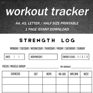 Printbare trainingsplanner | Dagboek voor hypertrofie en bodybuilding | RPE-logboek voor de sportschool | A4 A5 Letter/half formaat