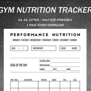 Dziennik żywienia dla sportowców | Monitorowanie makroskładników i budowania masy mięśniowej | Dziennik posiłków dla kulturystów | Lista kontrolna suplementów fitness | Połowa litery A4 A5