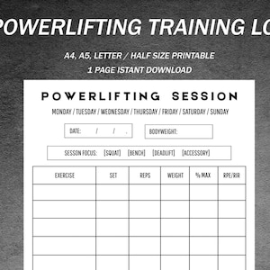 Powerlifting Training Log | SBD Progress Tracker | Squat Bench Deadlift Journal | 1RM Percentage Log | Strength Training. A4 A5 Letter Half