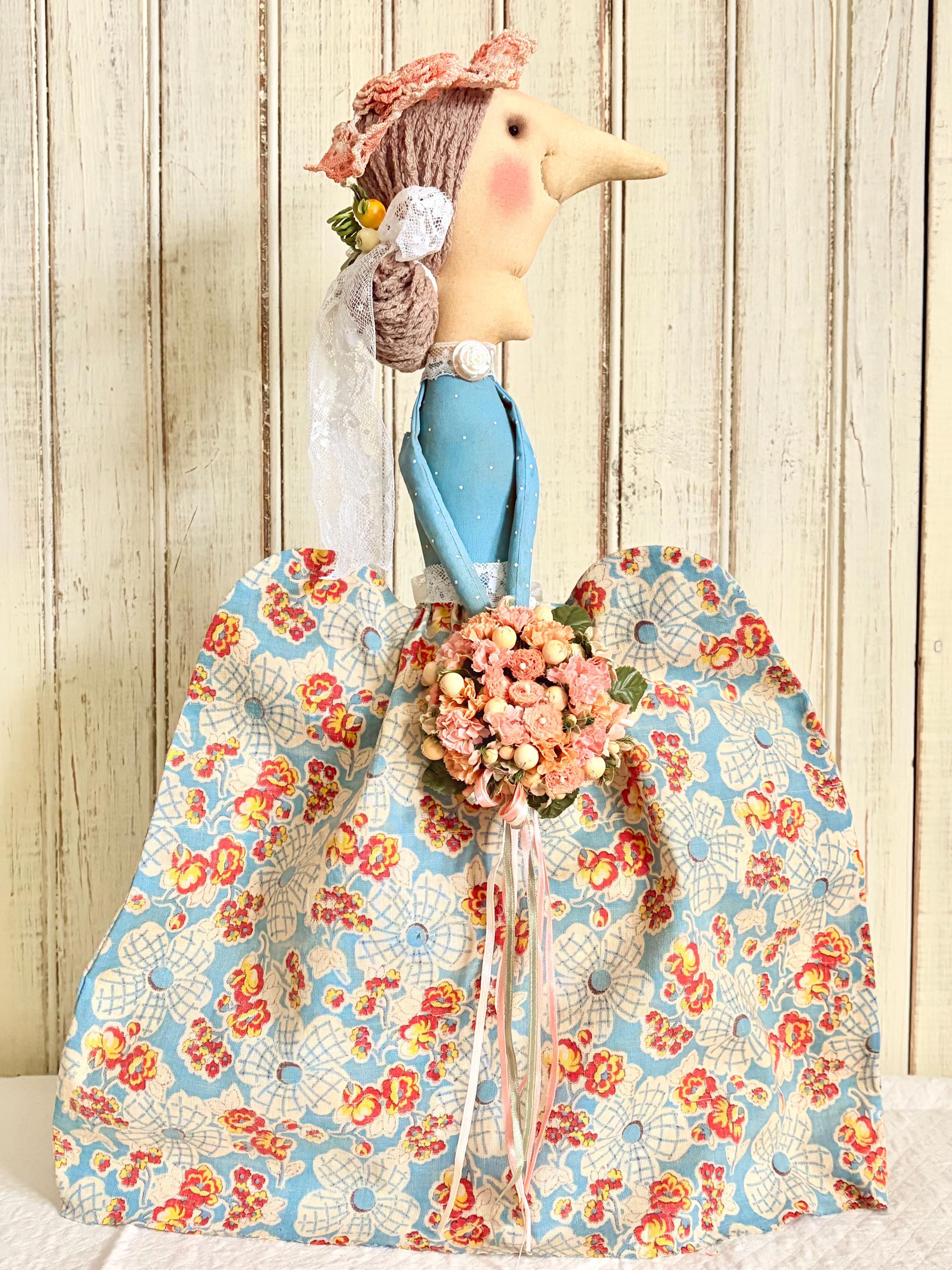 Handmade Folk Art Doll: Vintage Floral Dress, Lace Bonnet, Flower ...