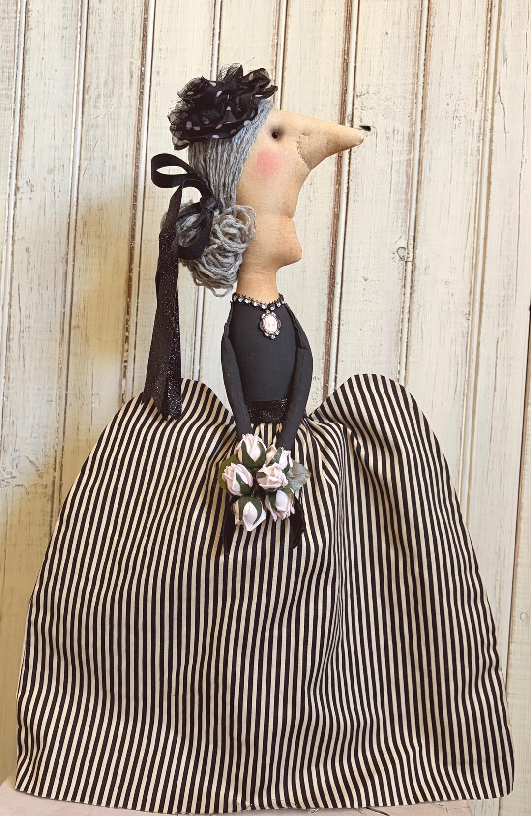 Handmade Folk Art Doll: Vintage Stripe Dress, Lace Bonnet, Flower ...