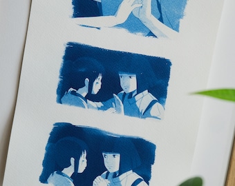Cyanotype Le voyage de Chihiro – Tirage unique fait main sur commande – Format A4
