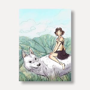Könnte beinhalten: Eine Illustration zeigt eine Person mit kurzen braunen Haaren und dunkler Kleidung, die auf einem großen weißen Wolf sitzt. Der Hintergrund zeigt grüne Berge, Gras und einen blauen Himmel mit Wolken. Das Kunstwerk hat einen Aquarellstil.