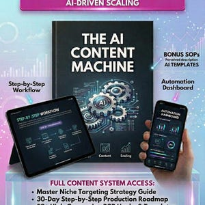 May include: Promotional image for "The AI Content Machine" featuring a book, tablet, and smartphone. The book cover displays the title with gears and AI elements. The tablet shows a workflow, and the phone displays a dashboard. Text includes "Complete B2B Marketing Automation."