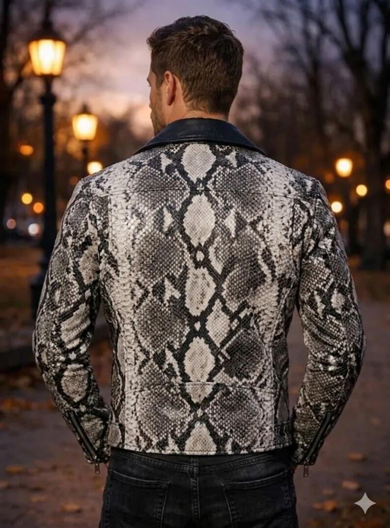 May include: A black and white snakeskin-patterned leather jacket with a black collar and zipper details. The jacket is worn by a person in an outdoor setting with blurred background lights.
