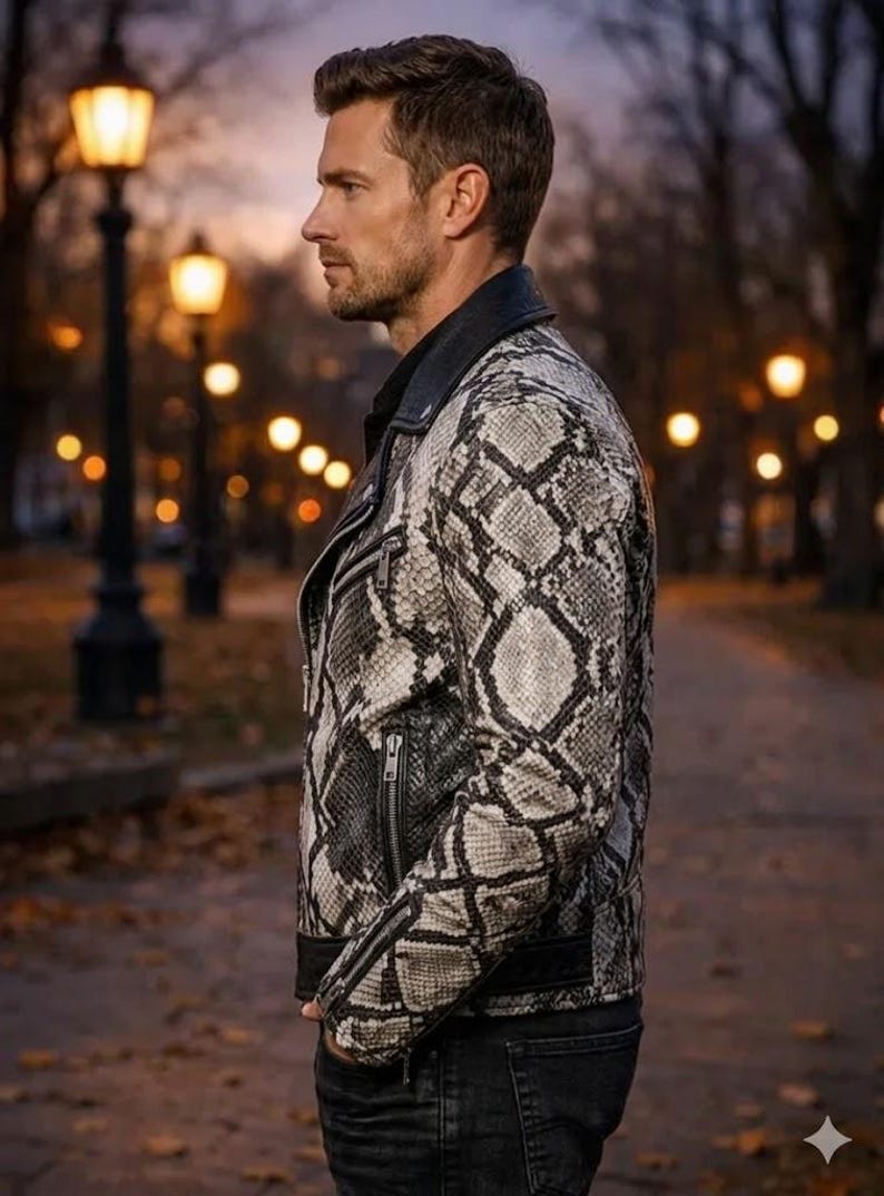 May include: A snakeskin-patterned leather jacket in shades of gray and black. The jacket features a classic biker style with a notched collar, zippered pockets, and a fitted silhouette. The model is wearing black jeans.