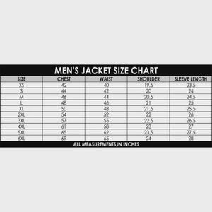May include: A Men's Jacket Size Chart with measurements in inches. The chart includes sizes XS to 6XL, listing chest, waist, shoulder, and sleeve length measurements. The text at the bottom reads, "ALL MEASUREMENTS IN INCHES."