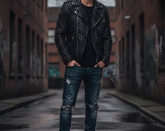 Men's Black Brando Rockstar Studded Leather Jacket / Gothic Punk Rock Handmade Motorcycle Jacket