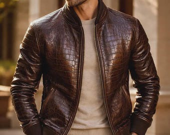 Men’s Embossed Crocodile Leather Bomber Jacket – Handcrafted Luxury Black Exotic Coat