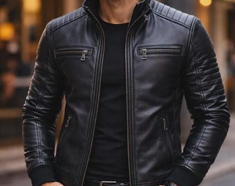 Men’s Genuine Leather Biker Jacket – Slim Fit Classic Black Motorcycle Coat