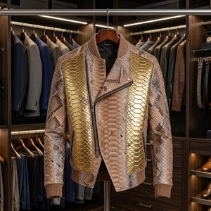 Men’s Gold Python Snakeskin Leather Jacket – Luxury Biker Bomber Style Coat