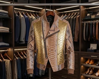 Men’s Gold Embossed Python Snakeskin Leather Jacket – Luxury Biker Bomber Style Coat
