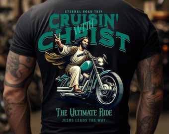 Cruisin' with Christ Motorcycle Rider Tee | Vintage Biker Christian Apparel | Jesus Lover Gift | Church Group Apparel