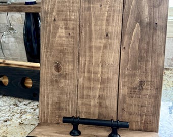 Handcrafted rustic farmhouse cookbook stand and recipe holder, Kona stained with ebony black trim