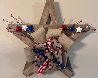 Handcrafted Patriotic Wooden Star Wreath | Rustic Farmhouse Americana Wall Decor | 4th of July Burlap ribbon wreath