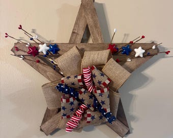 Handcrafted Patriotic Wooden Star Wreath | Rustic Farmhouse Americana Wall Decor | 4th of July Burlap ribbon wreath