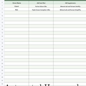 May include: A digital spreadsheet template titled Barn Quick Stats with columns for horse names, AM feed in lbs, and AM supplements. The table lists two horses, Gianni and Boo, with their respective feed types and costs. The text reads Automated Horse and Barn Tracker (Google Sheets Template).