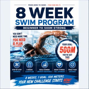 Puede incluir: Un folleto de programa de natación de 8 semanas con un nadador en una piscina y el texto: 8 WEEK SWIM PROGRAM, BEGINNER TO 500M STRONG, YOU DON'T NEED MORE TIME. YOU NEED A PLAN., YOUR GOAL: 500M YOU'VE GOT THIS!, 8 WEEKS. 1 GOAL. 500 METERS. YOUR NEW CHALLENGE STARTS NOW!