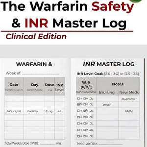Könnte beinhalten: Ein klinisches Logbuch mit dem Titel The Warfarin Safety & INR Master Log. Die offenen Seiten zeigen eine strukturierte Tabelle zur Erfassung von wöchentlichen Daten, Tagen, Dosierungen in mg und INR-Werten sowie Vitamin K-Aufnahme.