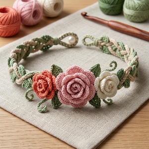 May include: A crocheted floral necklace featuring a braided band of green and beige yarn, adorned with three central roses in coral, pink, and cream. The piece includes small green crocheted leaves and a single white pearl bead closure at the end.