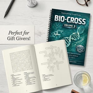 May include: An open book with crossword puzzles and word search puzzles, a spiral-bound workbook titled "BIO-CROSS Volume 3", a DNA model, a pen, and a key with the word "KNOWLEDGE".