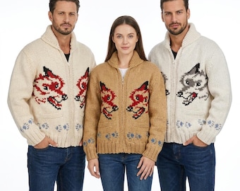 Fox Knit Cardigan Sweater Vintage Style Hand Knit Wool Coat Animal Print Zip Up Jacket Unisex Winter Apparel Cottagecore Nature Gift