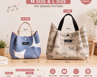 Cartamodello per borsa a tracolla con motivo gatto / Stile giapponese, taglie M e L (download PDF)