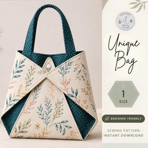 Puede incluir: Un bolso de tela con exterior color crema y estampado botánico de hojas en tonos azul, verde y naranja. El bolso cuenta con paneles interiores en azul cerceta oscuro con lunares blancos, dos asas superiores y un cierre de botón a presión.