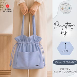 May include: A light blue drawstring bag with a ribbed texture, featuring two shoulder straps, a gathered top closure with matching drawstrings, and a single front pocket. The image includes text: Video Tutorial, Creative Digital Studio, Drawstring bag, 1 Size, Beginner Friendly, Pattern Instant Download.