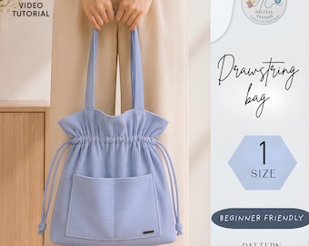 Cartamodello PDF per borsa tote con coulisse Elio / Tutorial per borsa da mercato con tasca frontale (download digitale)