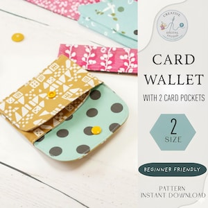 May include: A handmade card wallet with two card pockets. The wallet features a mustard yellow flap with a white geometric pattern and a mint green interior with dark gray polka dots. The image also shows other wallets with floral patterns. The text on the image says "CARD WALLET".