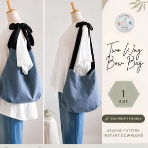 May include: A blue fabric bag with a textured circle pattern and black shoulder straps tied in bows at the top. The bag is displayed on a mannequin wearing a white top and blue jeans. Text on the right reads Two Way Bow Bag, 1 Size, Beginner Friendly, Sewing Pattern Instant Download.