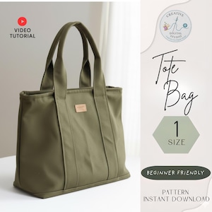 May include: An olive green tote bag with strong handles and a small rectangular patch. The bag is labelled "Tote Bag" with "1 SIZE" and "BEGINNER FRIENDLY" text. A video tutorial is also available.