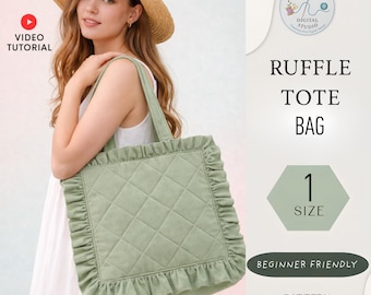 Cartamodello PDF per borsa tote con volant, cartamodello facile per borsa tote in tessuto, tutorial fai da te per borsa con volant, cartamodello stampabile in formato A0, A4 e US Letter.